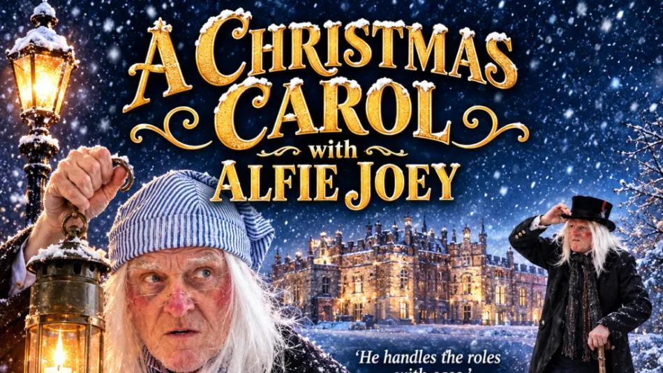 A Scrooge character in the snow holding a lantern in front of a palace.