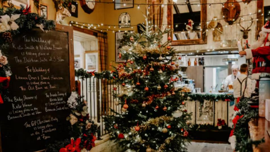 A festive display of a Christmas tree in a cosy room.