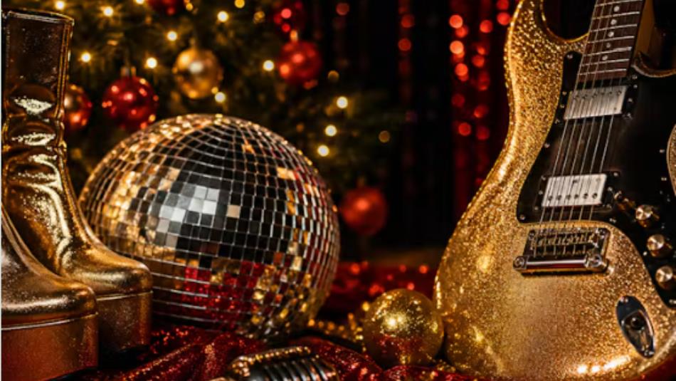 A festive display including a golden electric guitar, a glitter ball and platform boots.