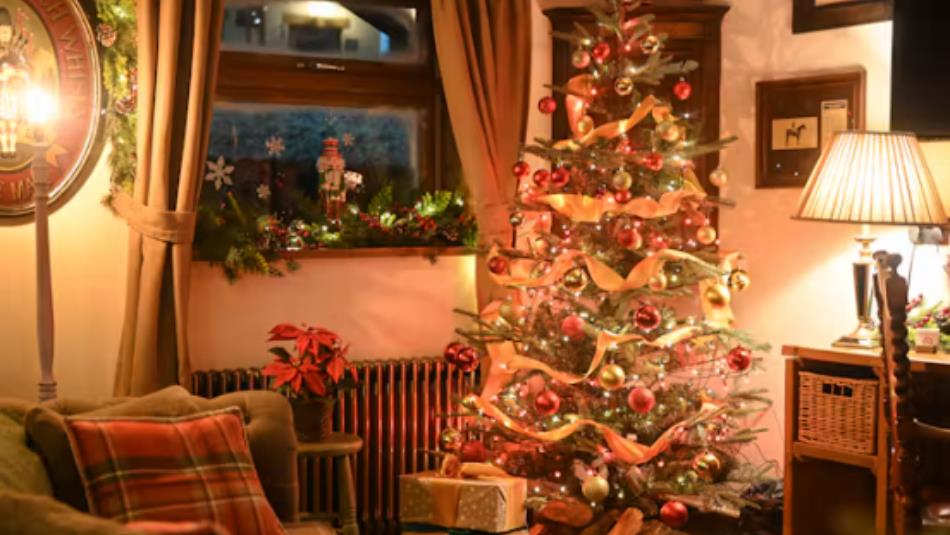 A festive cosy living room setting in a cottage.