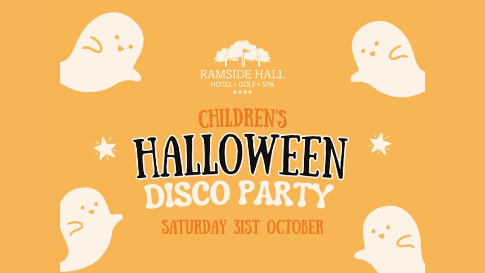 Text reads, Children's Halloween Disco Party, surrounded by cute cartoon ghosts on an orange background.