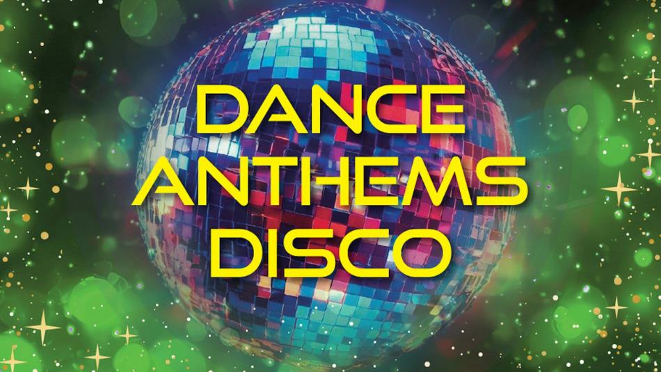 A glitter ball, with the text that reads, dance anthems disco, on a green glittery background.