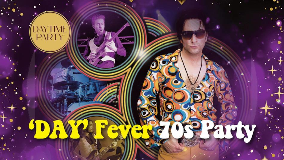 A person dressed in 70s disco clothing, with colourful patterns. Surrounded by festive purple sparkles.
