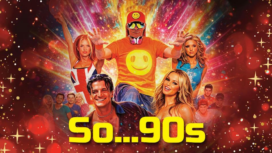A group of 90s celebrities surrounded by red sparkles..
