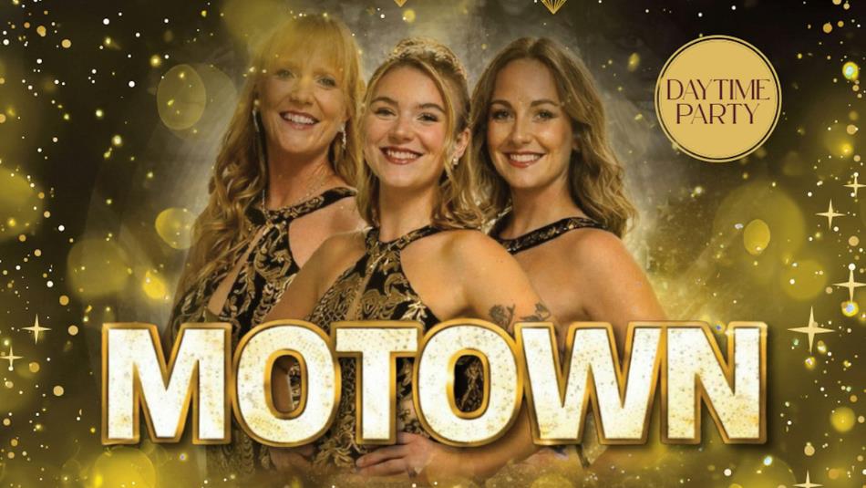 Three singer smiling towards the camera, surrounded by gold sparkles.