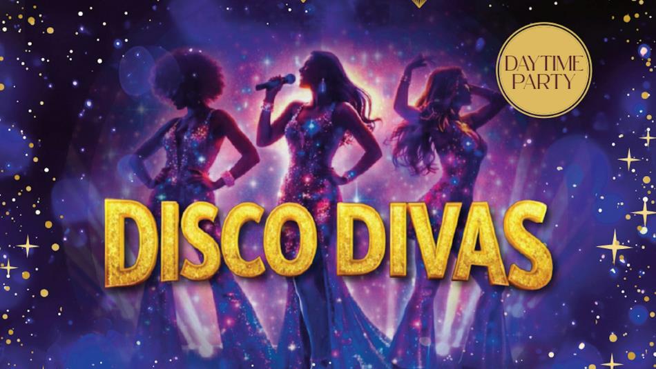 Three silhouettes of disco singers surrounded by blue sparkles.