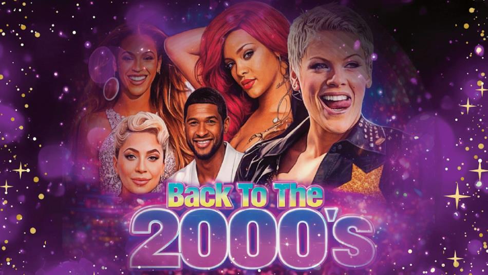A group of 2000s singers surrounded by purple sparkles.