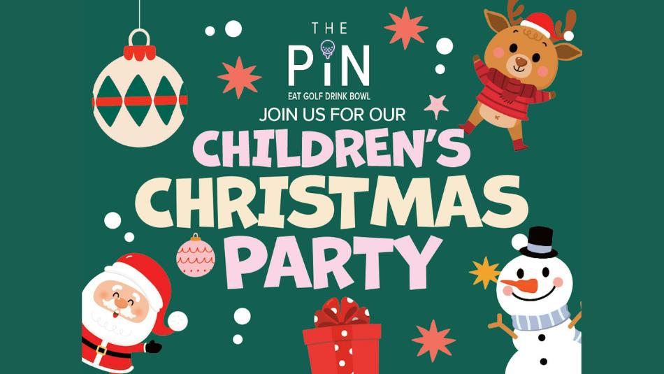 Christmas characters including snowmen, Santa, reindeers and baubles, on a dark green background.