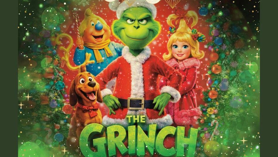 A group of cartoon characters from The Grinch, surrounded by green sparkles.