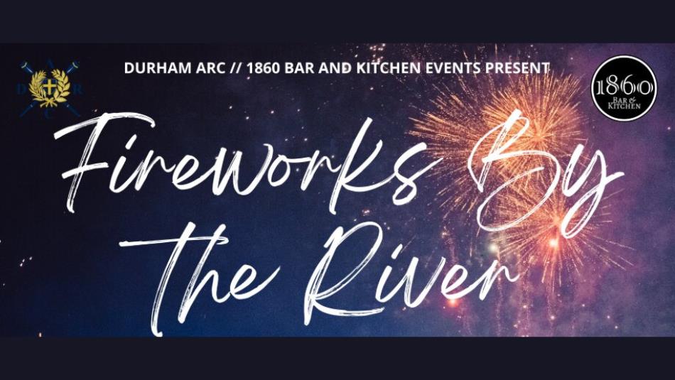 A night sky lit up by golden fireworks. Text which reads 'Fireworks By The River.'