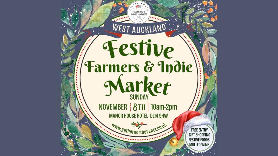 West Auckland Festive Farmers Market, surrounded by a watercolour illustration of a festive wreath.