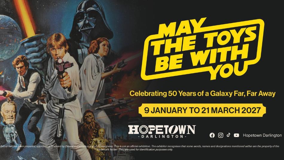 A vintage Starwars poster witg many iconic characters, with the text 'May The Toys Be With You' in the yellow starwars font, on a black background.