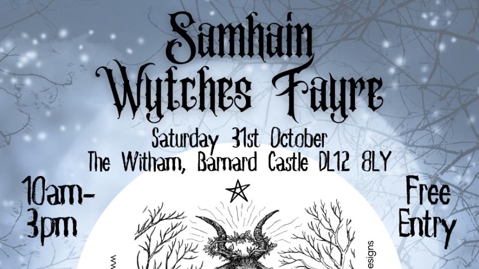 A spooky poster, which reads 'Samhain Wytches Fayre' in a black gothic font, with a misty grey forest background and an illustration of the devil as a