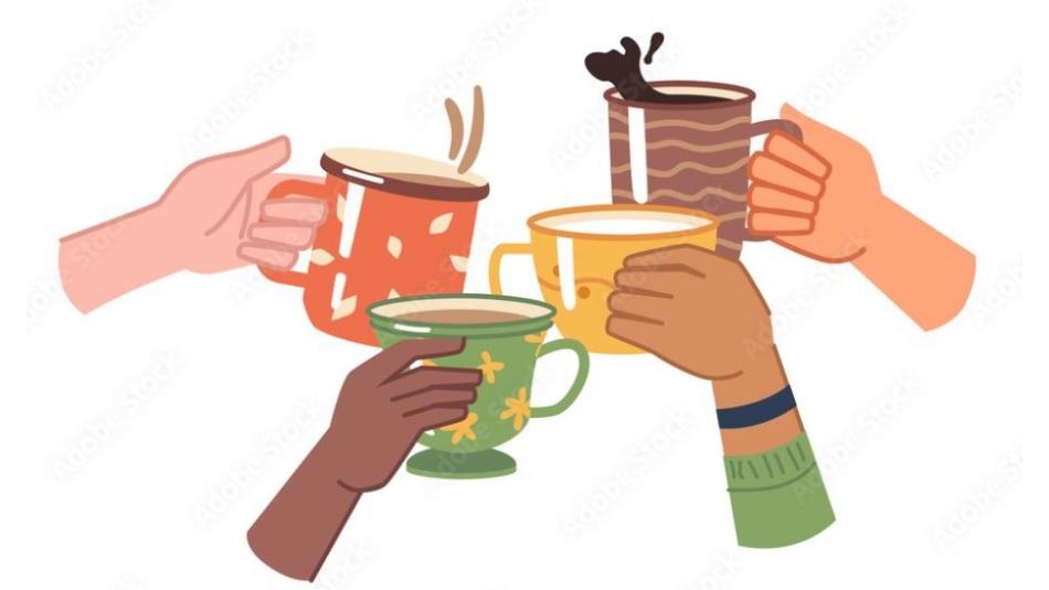 Four cartoon hands holding colourful mugs with hot beverages in, cheering their drinks to the middle, on a white background.