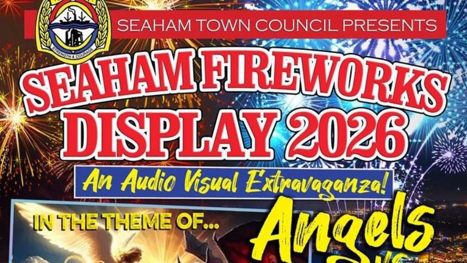 A vibrant firework display, text which reads 'Seaham Fireworks Display 2026.'