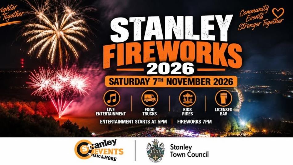 A vibrant background of pink, gold and blue fireworks in a dark night sky, with white and orange bold text which reads, 'Stanley Fireworks 2026.'