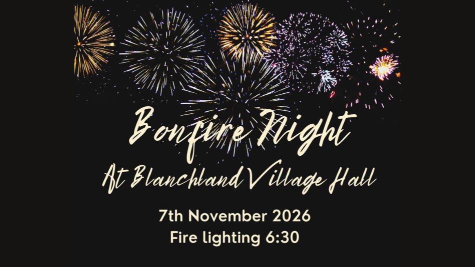 A beautiful and minimal firework display on a dark background, with an elegant cream coloured font which reads 'Bonfire Night At Blanchard Village Hal