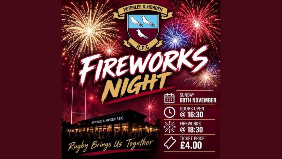 A bright firework display on a burgundy red background, with a bold flashy text which reads 'Fireworks Night' in white and gold.