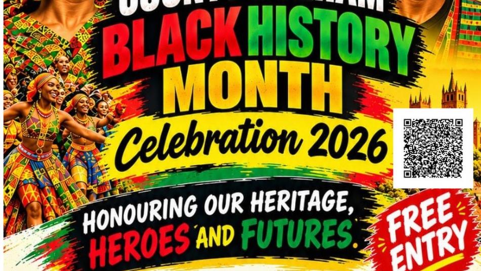 A colourful poster, with bold red, green and yellow font which reads 'Black History Month Celebration 2026,' with Durham Cathedral in the background a
