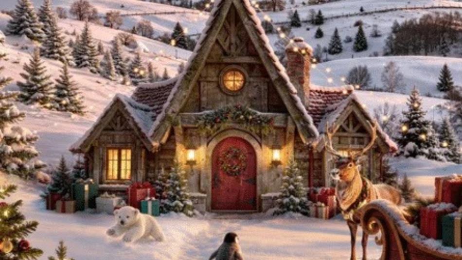 A wintery landscape of Santa's cosy grotto surrounded by  festive animals playing in the snow.