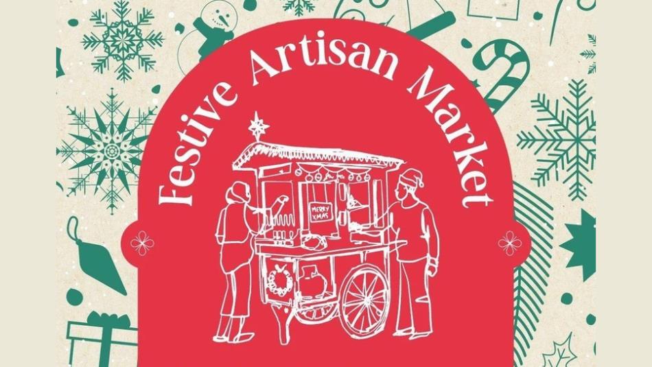 A minimal illustration of a festive market vendor and a customer on a red image with festive items such as snowflakes and candy canes in the backgroun