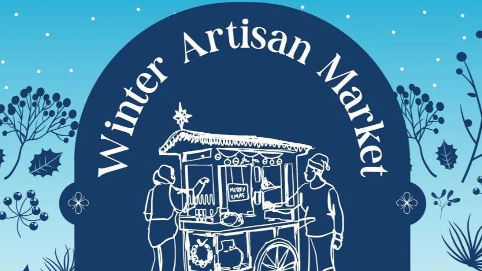 A minimal illustration of a white outline of a market vendor and a customer on a navy blue background, surrounded by holly leaves.