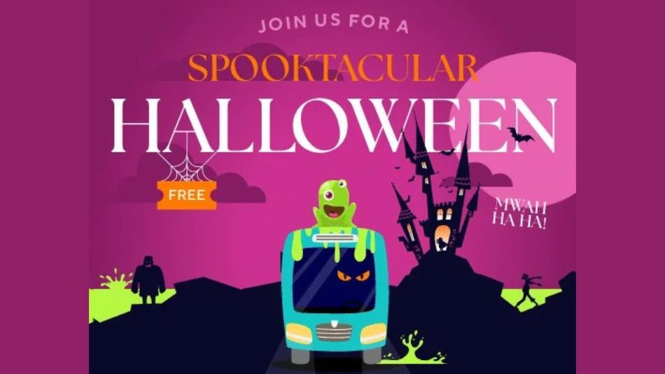 A cartoon halloween landscape with a spooky silhouette of a castle, bats, zombies and a bus with cartoon red eyes driving forward. Text reads 'Spookta