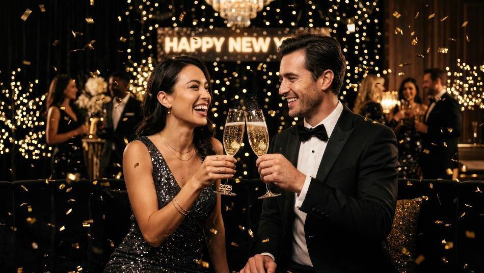Two people wearing black formal attire, smiling at each other whilst cheering their glasses of champagne together whilst confetti falls around them.