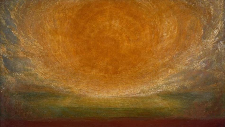 Abstract landscape painting depicting a vast glowing orange sun or sky above a dark, hazy horizon. Swirling grey, gold, green and red tones create an