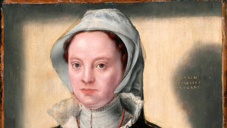 Portrait painting depicting a pale-skinned woman in a grey hood, black bodice and white sleeves, likely a historical or memorial likeness. Folded hand