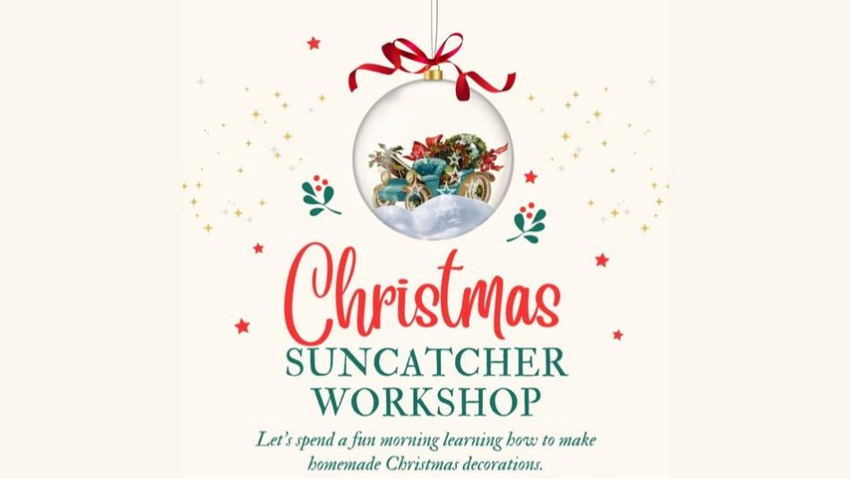 A festive clear bauble with a vintage car inside decorated with ribbons and holly, on a cream background with stars. Text which reads 'Christmas Sunca