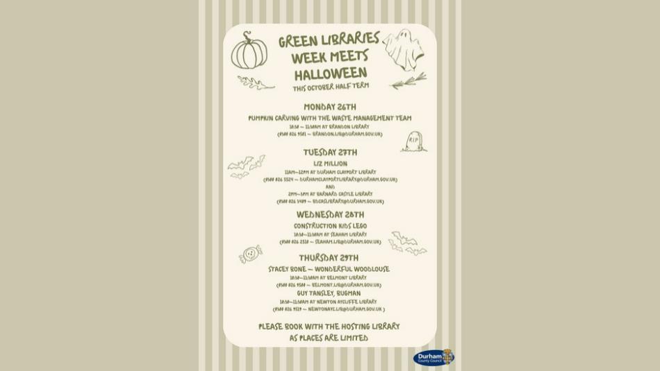 A minimalistic october half term itinerary decorated with small line drawings of pumpkins, ghosts and bats.