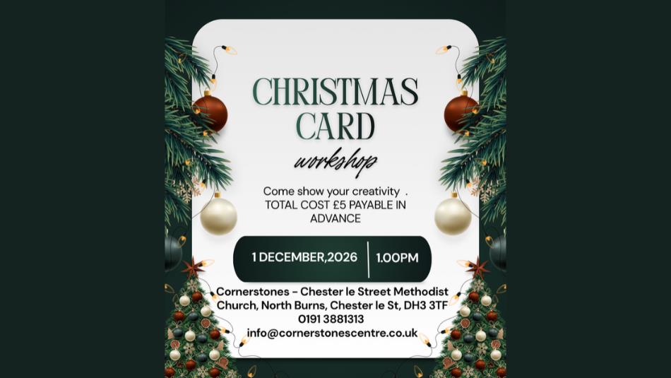 A poster for a Christmas card workshop, decorated with green pine trees and baubles on a dark green background.