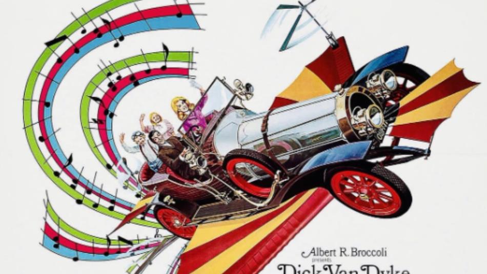 A cartoon illustration of the flying car from Chitty Chitty Bang Bang, with colourful musical notes in the background and people waving from the car.
