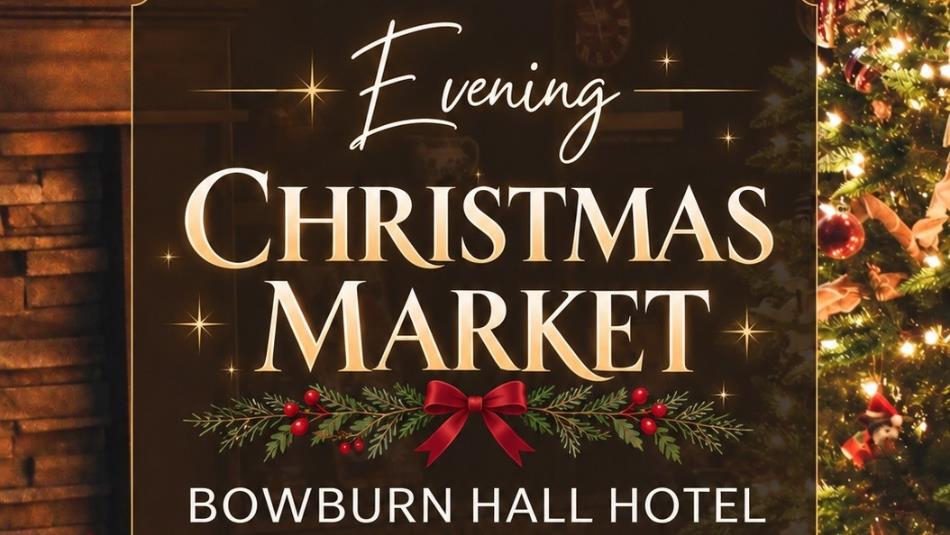 poster of christmas market at bowburn hall hotel, with festive wreaths and trees, and information for the market.