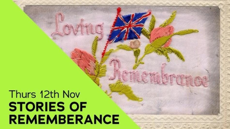 An embroidered sampler, which reads 'Living Rememberance' in a pink elegant font, with pink roses and a union jack flag. A geometric green triangle in