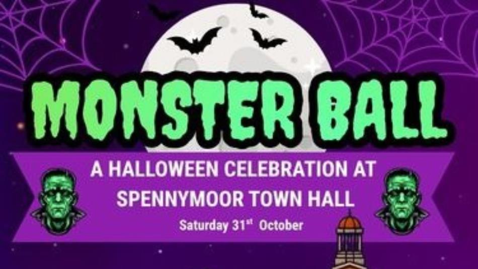 Spooky green bold font which reads 'Monster Ball,' on a purple night sky background decorated with a full moon, spider webs and bats.
