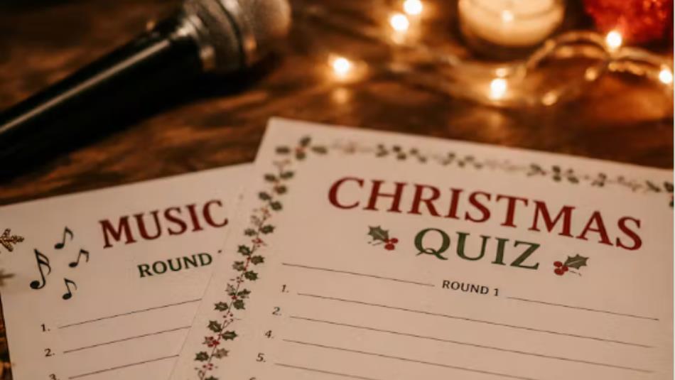 Two pieces of paper which read 'Christmas Quiz' on a table surrounded with a microphone and fairy lights.