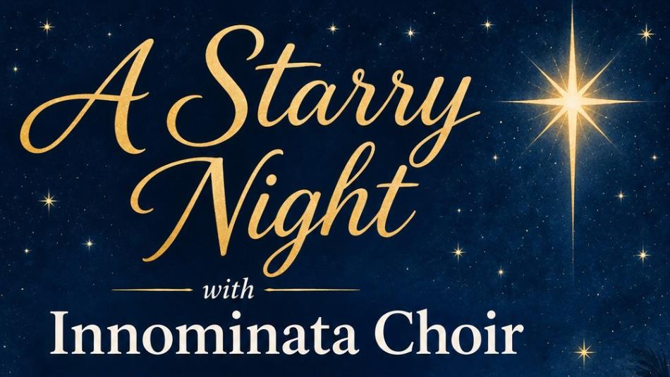 A starry blue night sky, with one bright star on the right, text in a whimsical yellow font which reads 'A Starry Night.'