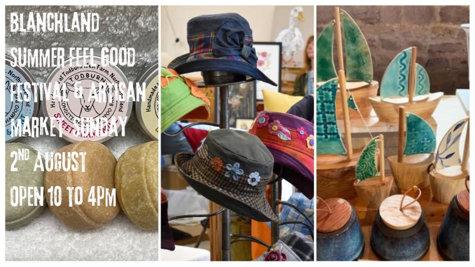 Stalls showing artisan goods such as soap makers, hats and ceramics.