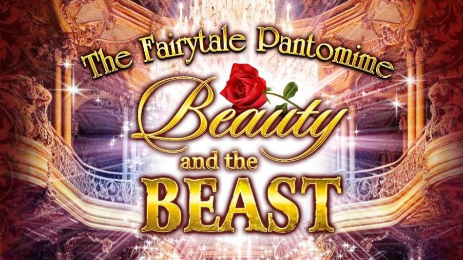 Elegant font depicting "The Fairytale Pantomime: Beauty and the Beast," with an extravagant interior background and a rose