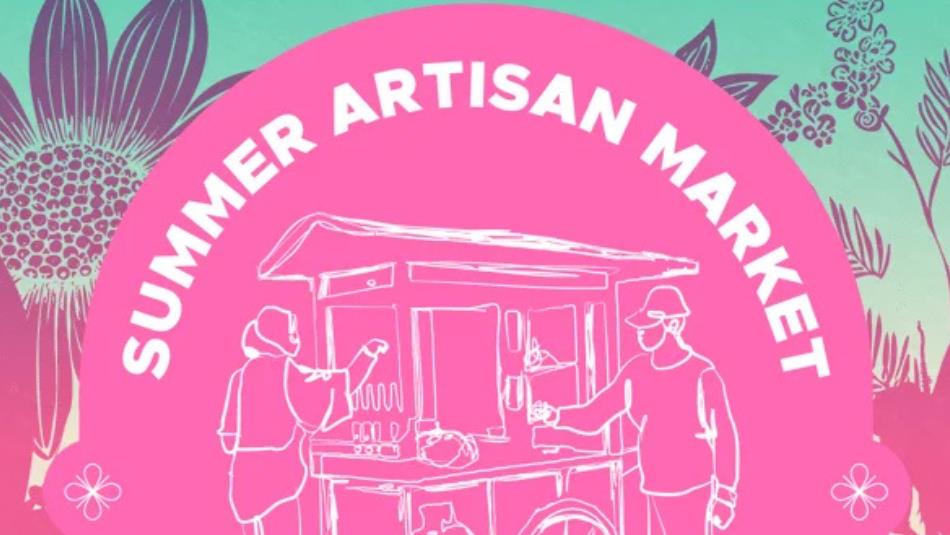 Pink graphic/ logo with a fine line illustration of two people at an artisan market stall, on a tropical floral background