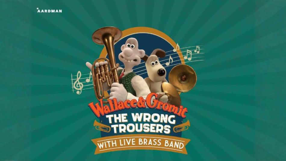 Wallace and Gromit characters holding brass instruments against a green background