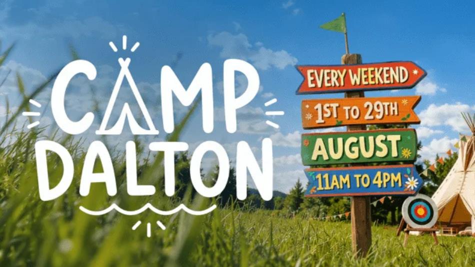 Camp Dalton cartoon-like text set against a summery backdrop of a camp field, tent and archery props, with a colour signpost providing the details of