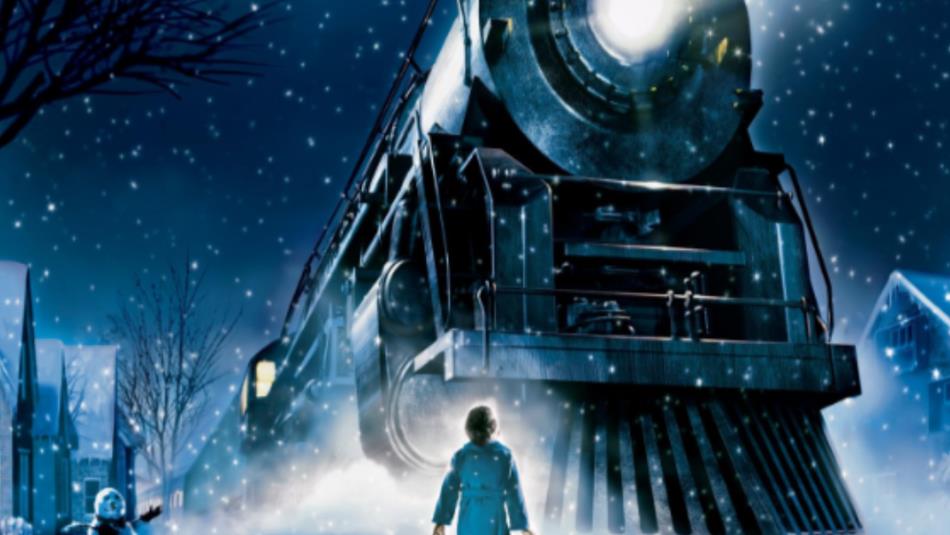 Scene from The Polar Express (2004) Small child looking up a towering steam train in the snow