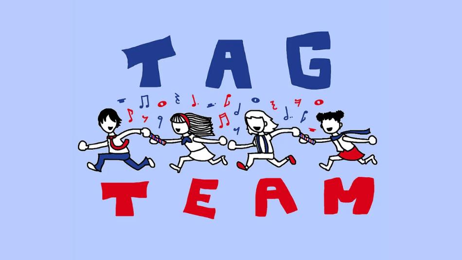 Red and blue cartoon characters running left whilst holding hands, surrounded by music notes on a light blue background