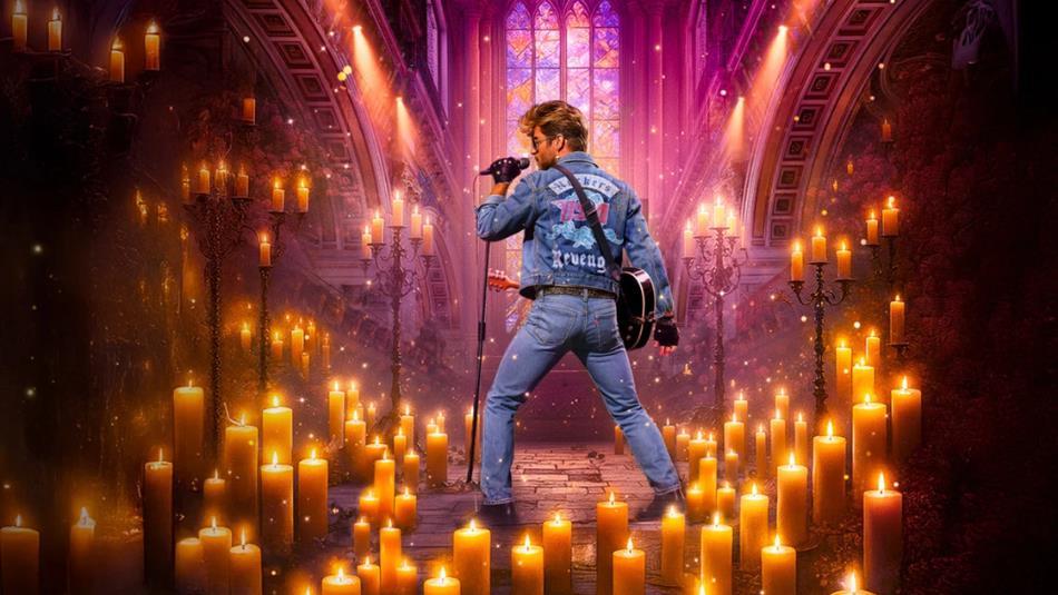 AI generated image of a young George Michael surrounded by atmospheric candles in a warm church setting
