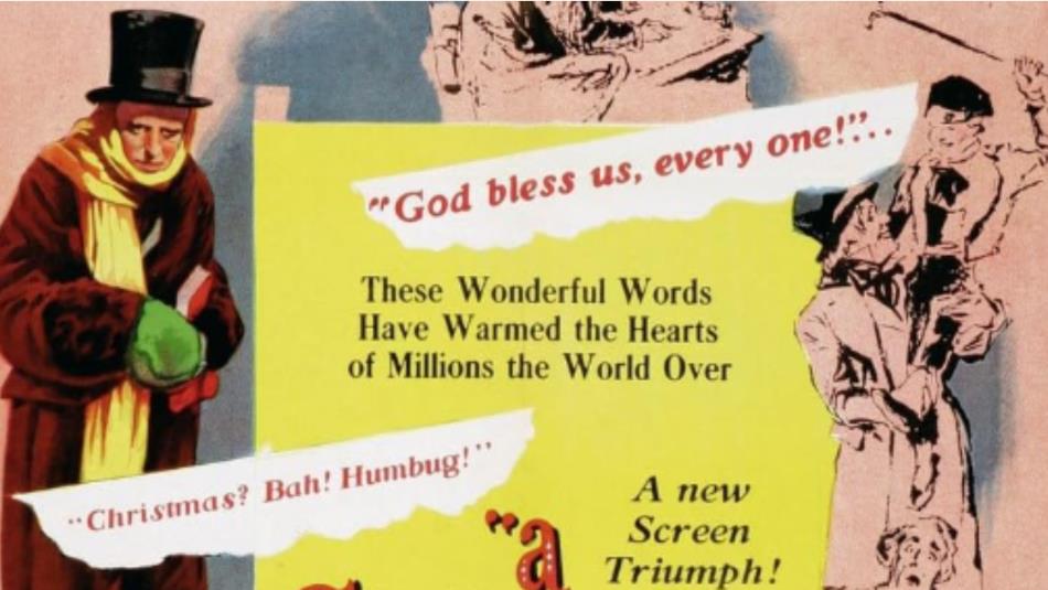 Poster from the 1951 'A Christmas Carol,' Scrooge wearing a long coat, top hat and yellow scarf, looking glumly on the left of the image