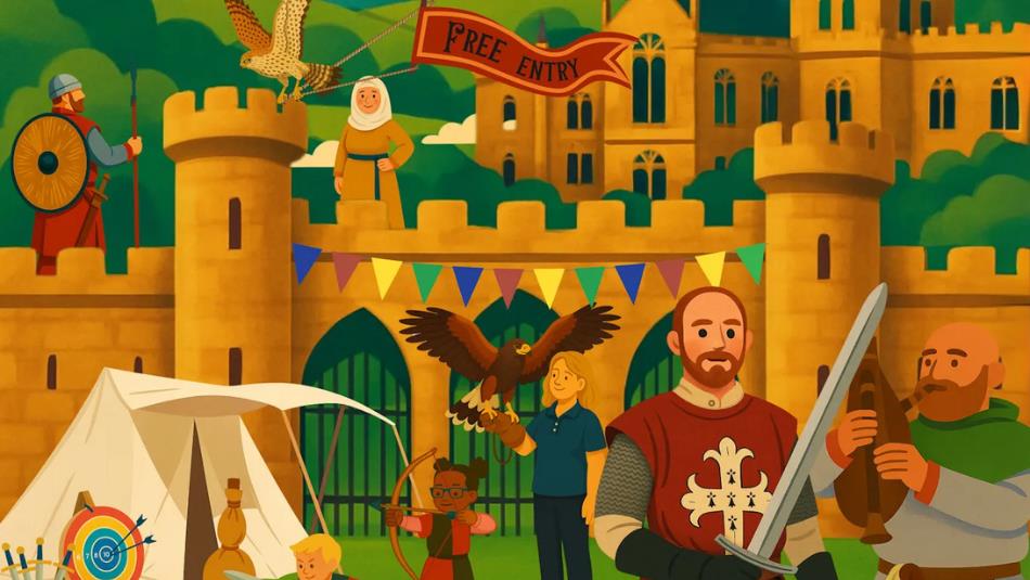 AI generated image of a cartoon medieval castle with knights, eagles and children playing archery.