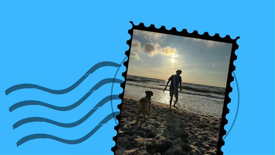 Letter stamp with an image of a silhouetted figure with a dog on the beach at sunset. Blue background.